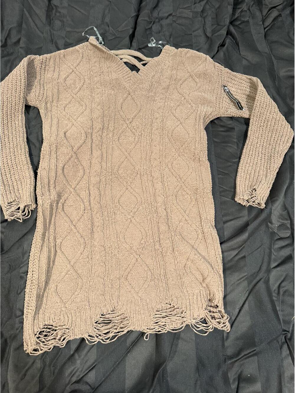 Sweater‎ Dress Womens Small Taupe Chenille Cable Knit Distressed Grunge